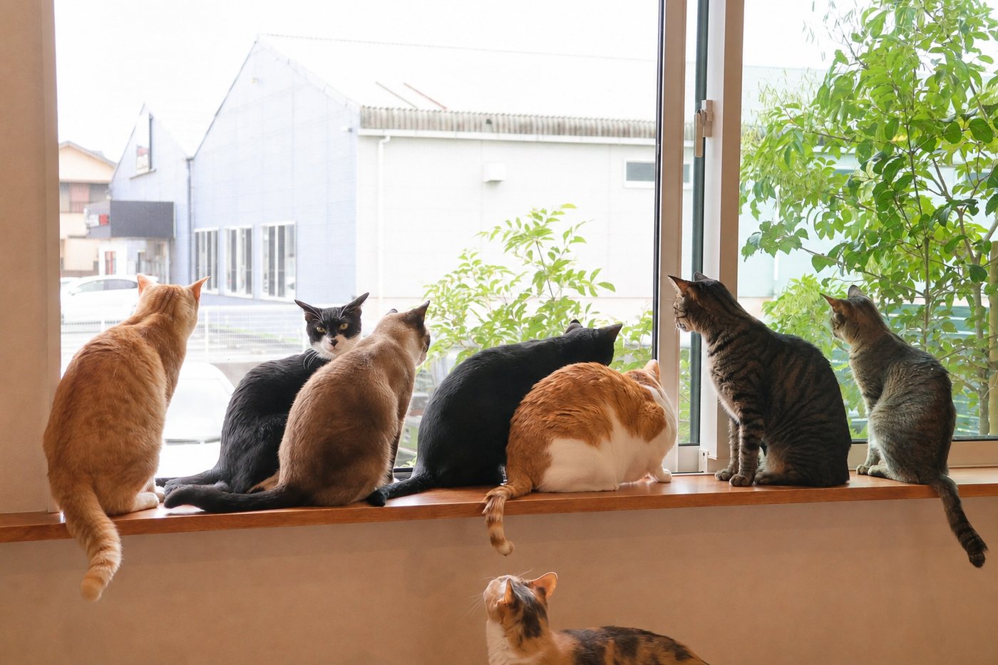 窓辺の日当たりの良い場所でくつろぐ猫